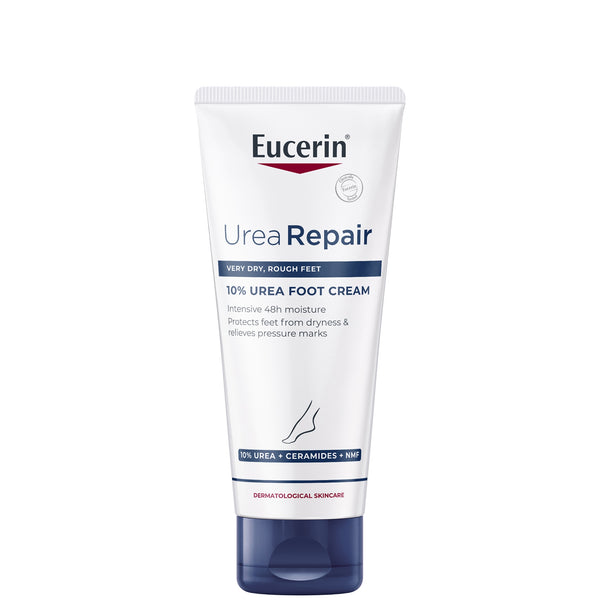 The Eucerin Urea Foot Repair Cream (100ml) by Eucerin, in a white and dark blue tube with foot illustration, is ideal for targeted repair of very dry, rough feet.