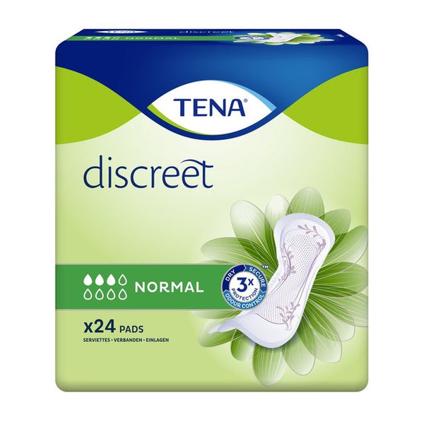 The Tena Lady Discreet Normal Pads Duo pack offers discreet bladder protection with 3x absorbency. The green and blue packaging, featuring a floral-patterned pad, contains 24 pads for reliable comfort.