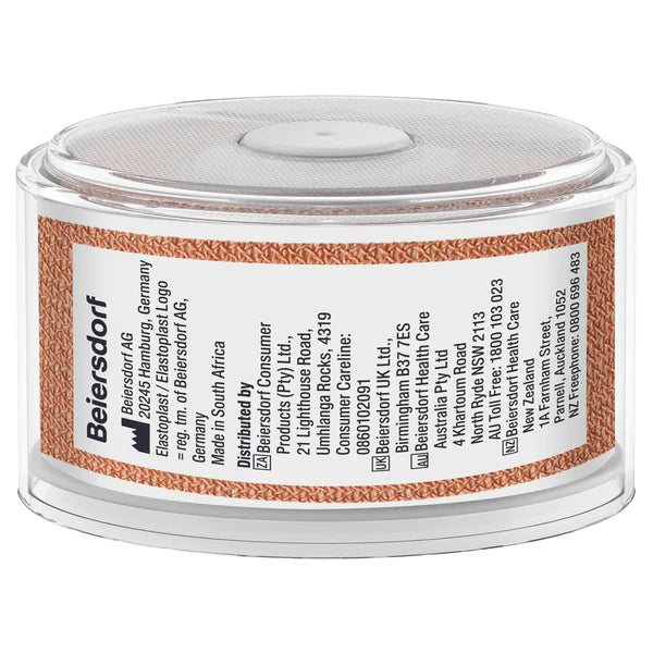 The Elastoplast Fabric Strapping Plaster Roll (2.5cm x 3m) comes in a clear, round container with a white lid featuring the Beiersdorf logo and contact details, ideal for wound management or blister prevention.