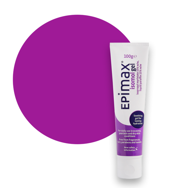 A 100g white tube of Epimax Isomol Gel is set against a purple circle, showcasing its benefits for soothing psoriasis and dry skin. The packaging highlights that its free from fragrances, SLS, parabens, and lanolin and features purple and white text.