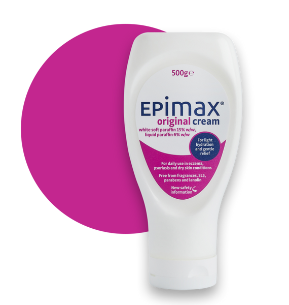 A white bottle of Epimax Cream (500g) stands against a bright magenta circular background, highlighting its benefits for eczema, psoriasis, and dry skin. Its free from fragrances, SLS, parabens, and lanolin.