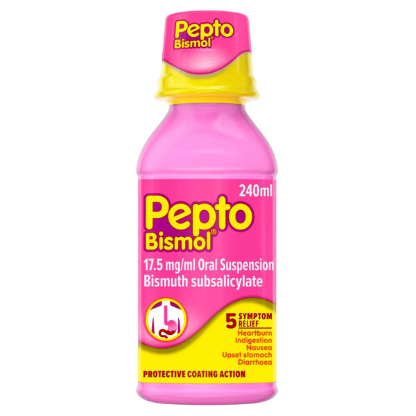 A 240ml bottle of Pepto Bismol Original Suspension features 5-symptom relief for heartburn, indigestion, nausea, upset stomach, and diarrhea with a protective coating action.