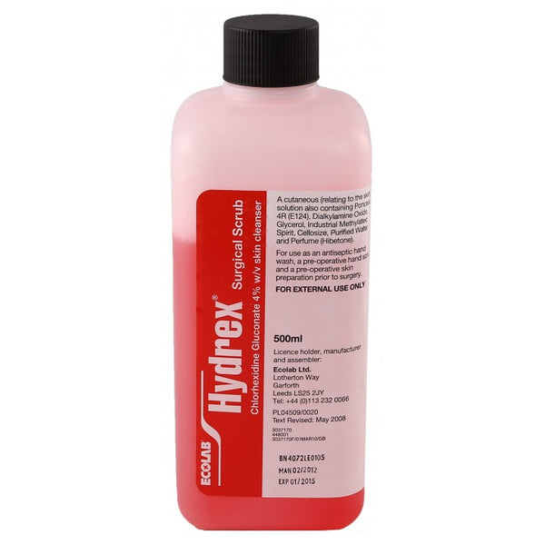 The 500ml Ecolab Hydrex Surgical Scrub bottle, in red and white, highlights its antimicrobial properties on the label along with product information and hand hygiene instructions.