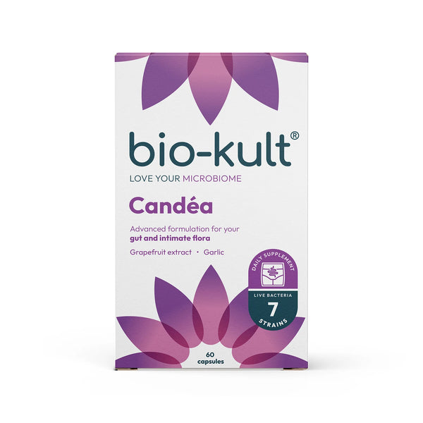 A box of Bio-Kult Candéa Capsules (60) by Bio-kult, featuring purple and pink floral designs, highlights a multi-strain probiotic formula with grapefruit extract, garlic, and 7 live bacteria strains for gut and intimate flora health.