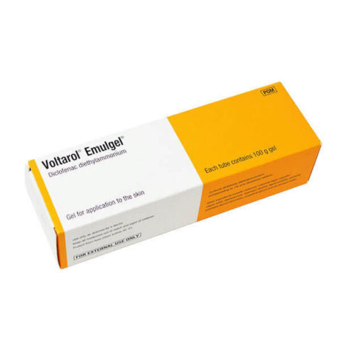 The image shows a 100g box of Voltarol Pain-Eze Emulgel, a topical pain relief gel. The packaging is mainly yellow and white, featuring diclofenac diethylammonium as the active ingredient for external skin use.