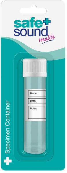 The Safe and Sound Specimen Container (1 Container) by Safe and Sound features a white screw cap and labeled sections on the tube for name, date, and notes—perfect for medical samples. Includes teal and white backing card.