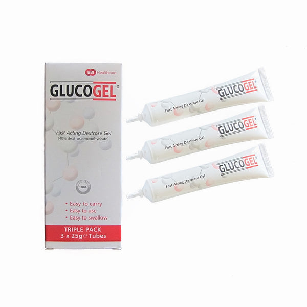 An image displays a GlucoGel Tubes Triple Pack, featuring three 25g tubes of Fast Acting Dextrose Gel for quick sugar boosts. Convenient to carry, use, and swallow, they effectively raise blood sugar levels.