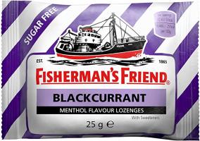 A 25g pack of Fishermans Friend Blackcurrant Menthol Lozenges offers sugar-free cough relief and features the brands signature fishing boat on purple and white striped packaging. Available in a box of 24 packs.
