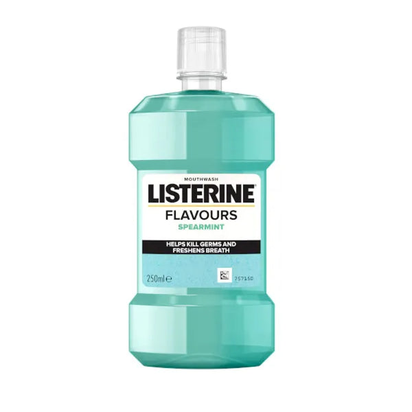 Listerine Mouthwash Spearmint (250ml) by Listerine features a turquoise liquid that helps fight plaque. It comes with a clear cap and a white label displaying product details.