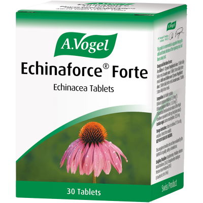 A box of Echinaforce Forte by Echinaforce contains 30 tablets for cold and flu relief, featuring a pink echinacea flower illustration on the front with green and white branding to support your immune system.