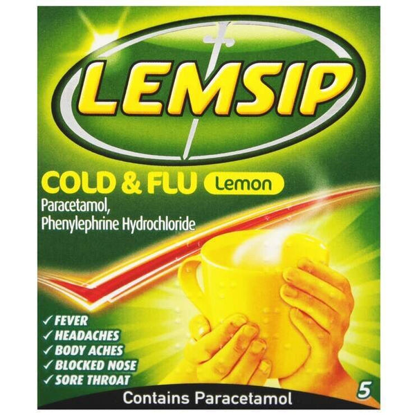 The Lemsip Cold & Flu Lemon packaging emphasizes its lemon flavor and lists ingredients such as paracetamol and phenylephrine hydrochloride. It provides relief from fever, headaches, body aches, blocked nose, and sore throat with 5 sachets for ultimate comfort.