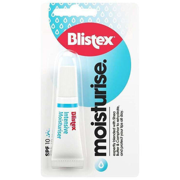 The Blistex Intensive Moisturiser (75ml) packaging features a blue droplet on white with Moisturise highlighted and SPF 15 for improved lip care. The tubes partially transparent design clearly displays its label.