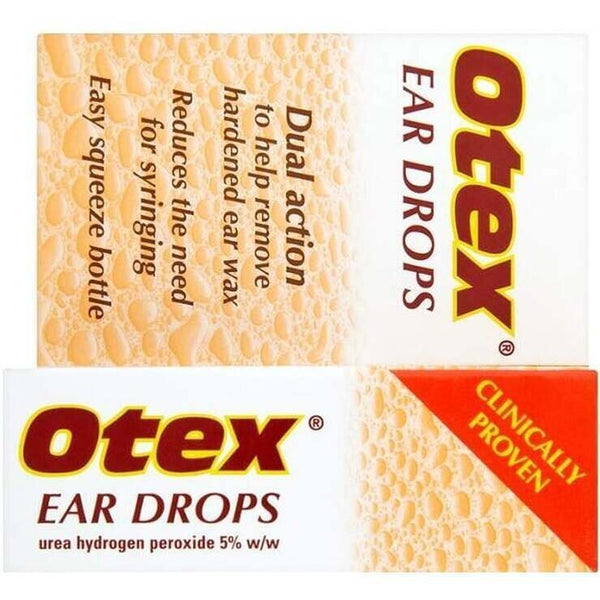 Otex Ear Drops (8ml) feature sleek packaging with orange text on a white background, boasting a Clinically Proven badge in a red triangle. The bottle highlights its dual-action formula for effective ear wax removal, reducing syringing need. Active ingredient: urea hydrogen peroxide 5% w/w.