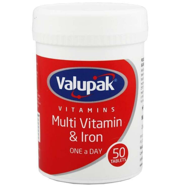 A white plastic container with a red label for Valupak Multi Vitamin & Iron One A Day (50 tablets) emphasizes the benefits of this supplement.