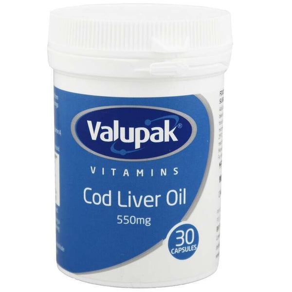 A white and blue plastic container labeled Valupak Cod Liver Oil Capsules 550mg holds 30 capsules, enriched with Omega 3. It features a screw-top lid and a simple design.