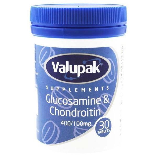 The blue and white Valupak Glucosamine & Chondroitin Tablets (30-pack) features capsule graphics, supporting joint health with added Vitamin C for immune boosts.