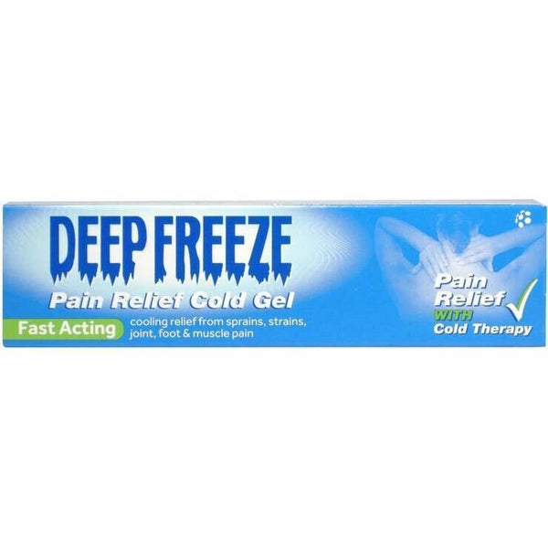 The image shows a Deep Freeze Fast Acting Pain Relief Cold Gel (35g) package, highlighting its blue design with text emphasizing Fast Acting for Muscle and Joint Relief. This gel is ideal for sprains, strains, and foot or muscle pain.