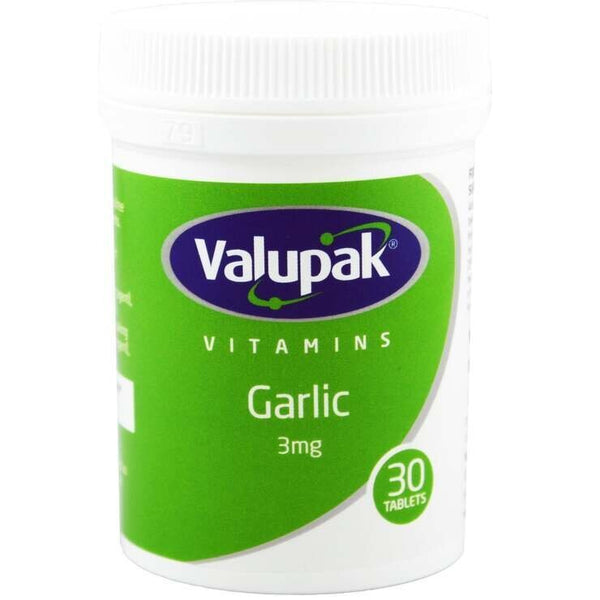 A green and white container of Valupak Garlic Tabs (30s) features Garlic 3mg on the front. These cardiovascular-supporting tablets include a white screw cap.