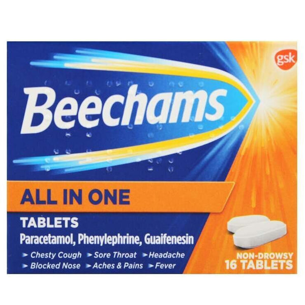 Beechams All-in-One Cold & Flu (16 Tablets) provides non-drowsy relief with paracetamol, phenylephrine, and guaifenesin. It effectively targets chesty coughs, sore throats, headaches, blocked noses, aches and pains, and fever to combat cold flu symptoms.