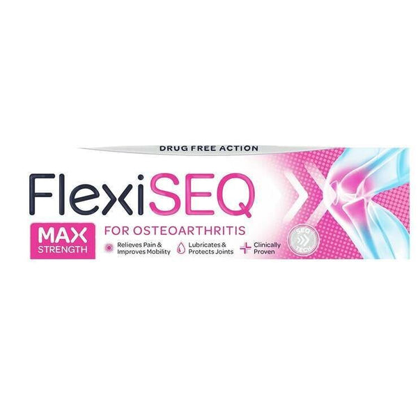 The image features Flexiseq Max Osteo (50g) packaging, a top osteoarthritis solution from Flexiseq. It offers joint pain relief by enhancing mobility and lubrication. The packaging notes Drug Free Action and Clinically Proven, with a detailed joint graphic.