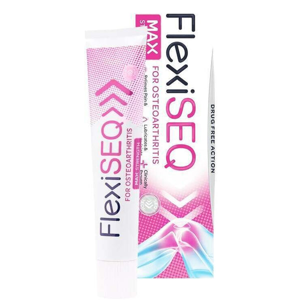 Flexiseq Max Osteo (50g) by Flexiseq offers drug-free joint pain relief for osteoarthritis. The white and pink packaging highlights its efficacy, featuring a stylized knee joint image to symbolize targeted relief.