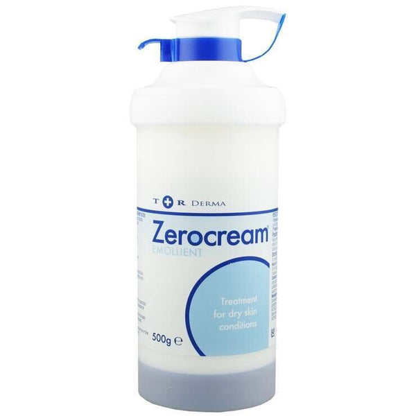 A 500g bottle of Zerocream from T+R Derma, featuring a blue pump on its white design, offers premium hydration for dry skin conditions.