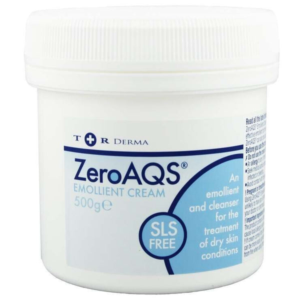 A white 500g container of T+R Dermas ZeroAQS Emollient is labeled as an emollient and cleanser for dry skin, offering ultimate moisturization without SLS.