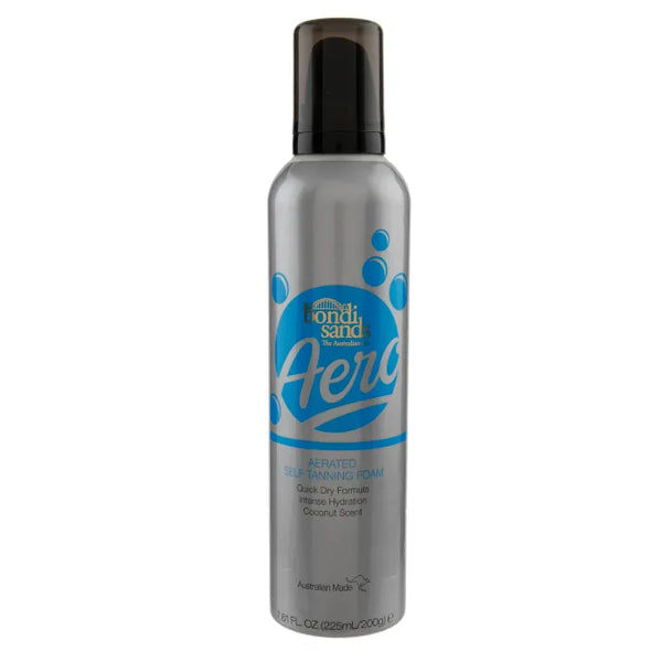 A 225ml silver bottle of Bondi Sands Aero - Aerated Self Tanning Foam Coconut Scent features a black cap, blue text and bubbles, and highlights a quick-dry, streak-free formula with a tropical coconut fragrance.