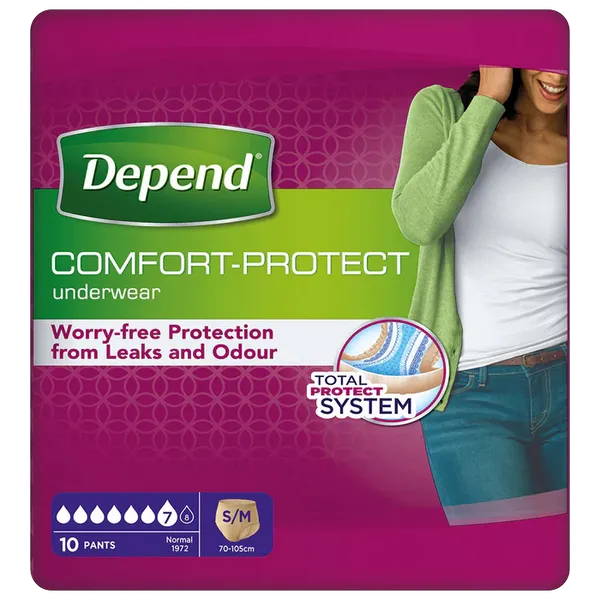 Depend Comfort Protect Underwear For Women - Level 7 S/M (Pack of 10) offers discreet leak and odour protection with a total protect system. Packaging features a woman in a green cardigan and white top. Brand: Depend.
