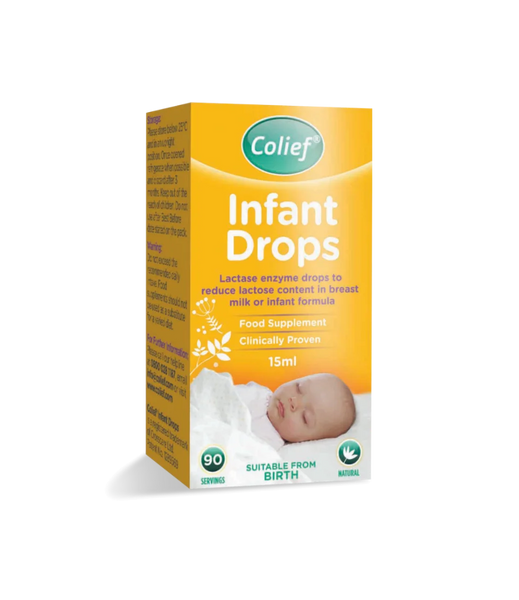 Colief Infant Drops (15ml) by Colief comes in an orange package labeled as a lactase enzyme, suitable from birth for reducing lactose in breast milk or formula. Its designed for colic relief with an image of a sleeping baby and provides 90 servings.