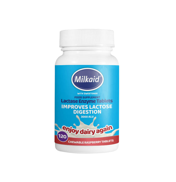 A bottle of Colief Milkaid contains 60 chewable raspberry-flavored tablets for lactose intolerance relief. The label ensures Improves Lactose Digestion and Enjoy Dairy Again with a stylish blue and red design on the white bottle.