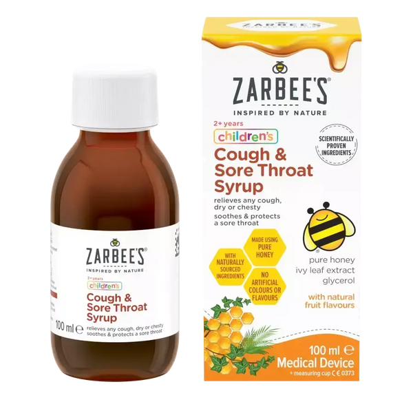 A 200ml bottle of Zarbees Children’s Cough and Sore Throat Syrup appears beside its box, which highlights natural ingredients, no artificial colors or flavors, and suitability for children aged 2 and up.