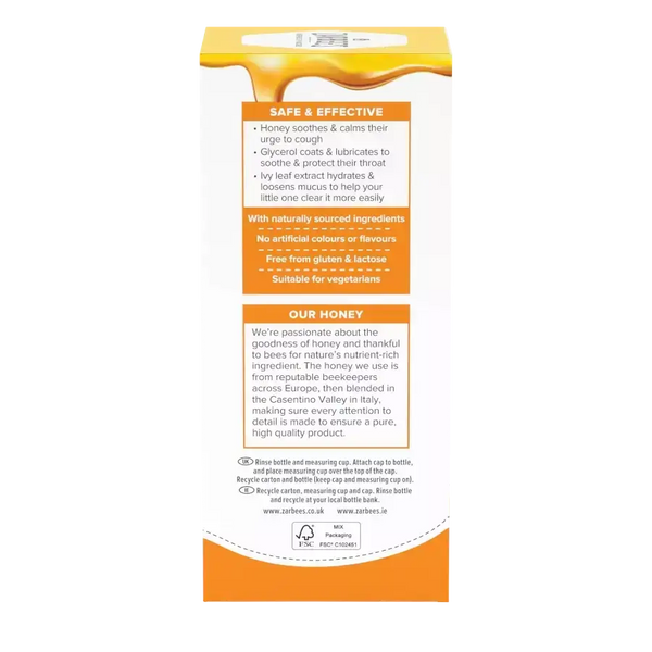 Back of Zarbees Children’s Cough and Sore Throat Syrup (200ml) box highlighting benefits, key ingredients, vegetarian suitability, honey sourcing, and recycling—ideal for kids’ coughs or sore throats. White/orange text on a matching background.