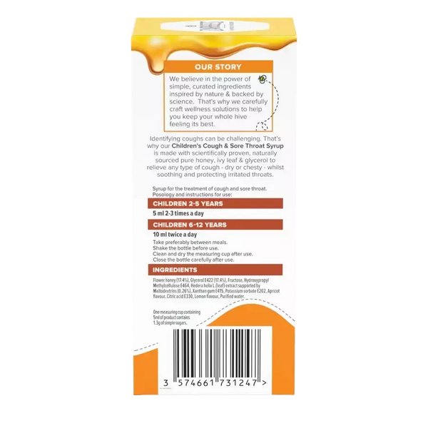 The back of a Zarbees Children’s Cough and Sore Throat Syrup (200ml) box shows dosage by age, ingredients, and a brand story beneath a dripping honey illustration. The barcode is at the bottom.