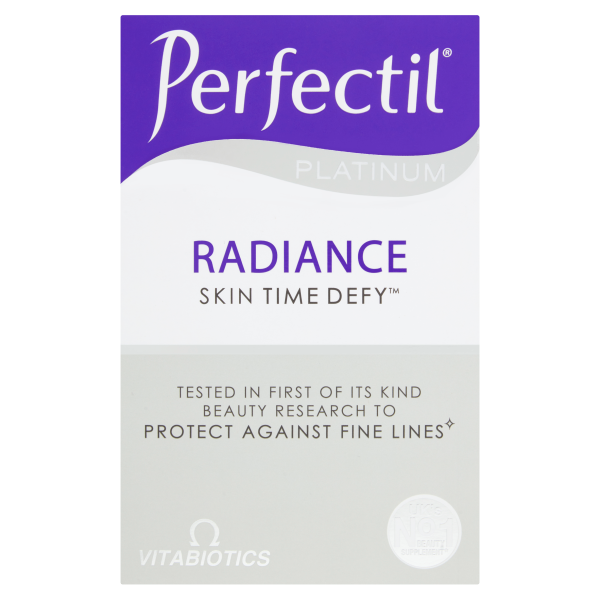 A box of Vitabiotics Perfectil Platinum Radiance (60 tablets) in purple and white packaging, highlighting its innovative formula for normal collagen formation, protection against fine lines, and advanced beauty research.
