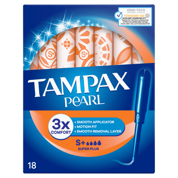 Tampax Pearl Applicator Super Plus (18 Tampons) by Tampax, designed for heavy flow with a blue applicator and LeakGuard Braid, plus comfort features shown on the packaging.