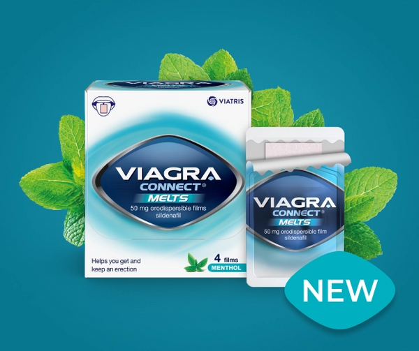 Viagra Connect Melts 50mg Sildenafil Orodispersible Films (4 Films) by Pfizer shown with menthol leaves, highlighting this new product designed to help you get and keep an erection.