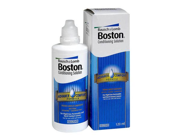 Bausch & Lomb Boston Advance Conditioning Solution (120ml) features the Advance Comfort Formula for RGP lenses. The product includes a white bottle with a blue label and comes in a blue box with a white top, as part of the lens comfort system by the Boston brand.