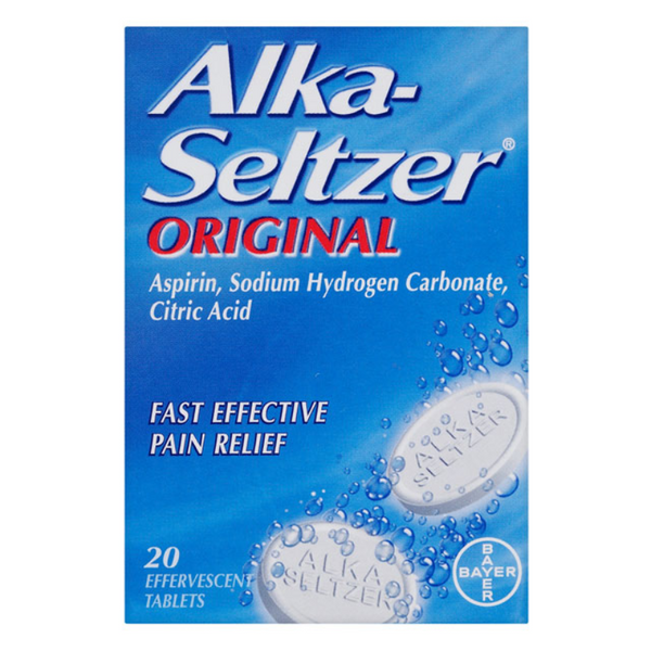 The image shows a box of Alka-Seltzer Original Effervescent Pain Relief Tablets (20 Tablets). The blue packaging with white text promises Fast Effective Pain Relief and highlights key ingredients: Aspirin, Sodium Hydrogen Carbonate, and Citric Acid for quick relief from discomfort.