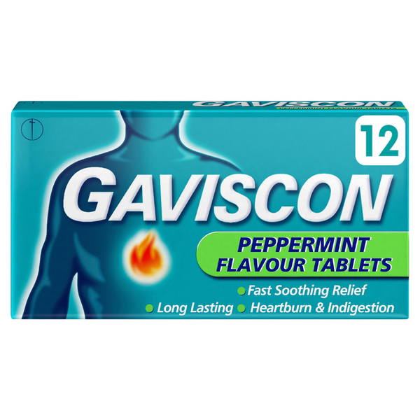 A rectangular turquoise box of Gaviscon Double Action Mint Chewable Tablets features an illustration of a person with a flame over the chest, indicating fast relief from heartburn and indigestion, and contains 12 tablets.