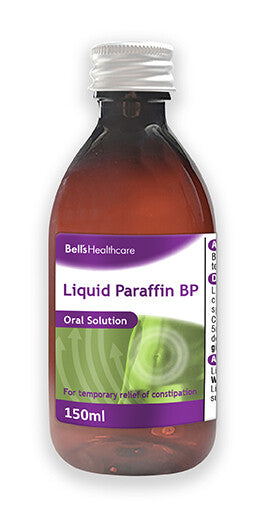 A brown bottle with a purple label reads Bells Liquid Paraffin. This 150ml oral solution from Bells offers temporary constipation relief as a mild laxative and also acts as an effective skin emollient.