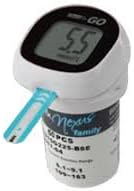 A GlucoRx Glucorx Go Meter (50 Strips) displays 55 mg/dL with an inserted test strip, placed on a cylindrical NEXUS family container for effective diabetes management.