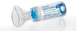 The Space Chamber Plus, by Space Chamber, is a transparent cylindrical spacer chamber with a blue interior and Cross Valve Technology. It features a universal inhaler base and an attached soft mask, helping ensure efficient aerosol medication delivery.