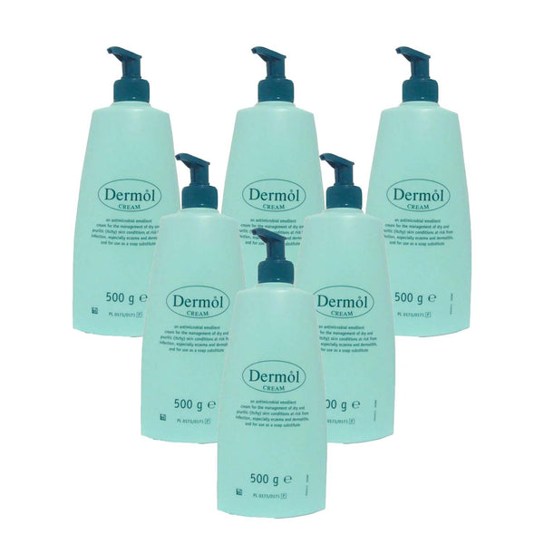 Six bottles of Dermol Cream Six Pack X6 (500g) by Dermol, each with a pump dispenser, are neatly arranged in two rows on a plain white background.