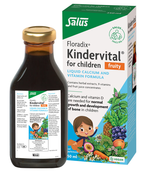 The Floradix Kindervital Childrens Fruity Formula by Salus (250ml) features a fruity flavor. The label states Liquid Calcium and Vitamin Formula, emphasizing essential nutrients, while illustrations of fruits and vegetables emphasize its natural ingredients.