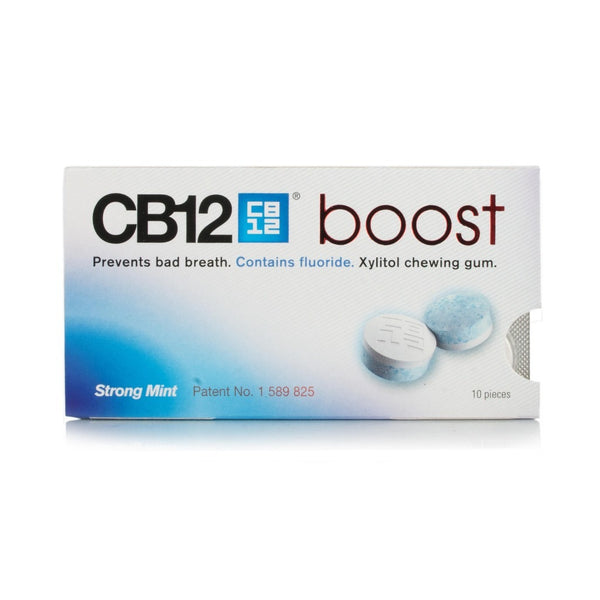 CB12 Boost Chewing Gum (10 Pieces) by CB12 features a strong mint flavor and is designed for oral health. The package highlights its fluoride content to combat bad breath and displays an image of two blue and white tablets.