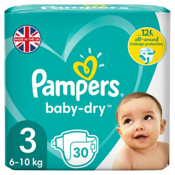 Pampers Baby Dry Nappies Size 3, suitable for babies weighing 6–10 kg, comes in a 30 count pack. The packaging features a baby’s face, teal background with a heart design, and the UK flag. Text on the pack highlights all-around leakage protection to keep your little one comfortable and dry.