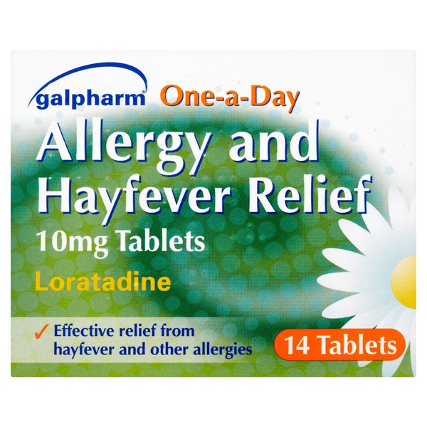 The Galpharm One A Day Hayfever & Allergy Loratadine box contains 14 tablets with 10mg of Loratadine. It features a daisy image and promotes relief from hayfever and allergy symptoms.