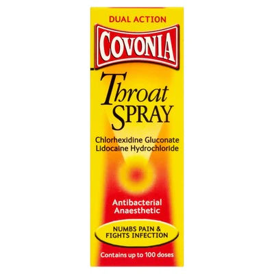 The image features Covonia Sore Throat Spray (30ml) in vibrant yellow and red packaging, emphasizing its Dual Action formula with Chlorhexidine Gluconate and Lidocaine Hydrochloride, offering antibacterial, numbing sore throat relief for up to 100 doses.