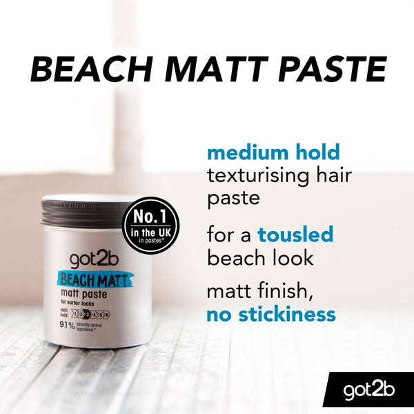 A Schwarzkopf Got2B Beach Matt Paste (100ml) container is pictured on a light surface, with text highlighting its medium hold, natural matte finish, texturising power, and non-sticky formula for tousled beach hair.